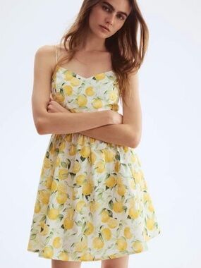 H&M Yellow Lemon-Print Spaghetti Strap Mini Dress